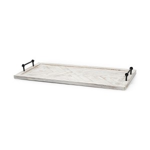 HomeRoots 35" White and Natural Wood Indoor Outdoor Tray With Handles - 1 of 4