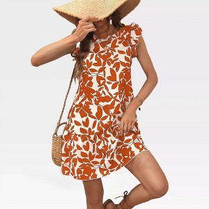 Womens Summer Sleeveless A Line Mini Shift Dress Floral Sundress with Back Keyhole Ruffle Shoulder Round Neck Dress with Gathered Hem - 1 of 4