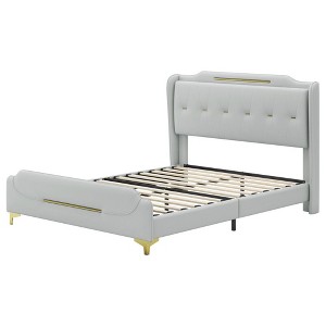 CAVINAS Wingback Bed Frame with Headboard & Footboard,PU Leather Upholstered Platform Bed with Gold Metal Decor for Bedroom - 1 of 4