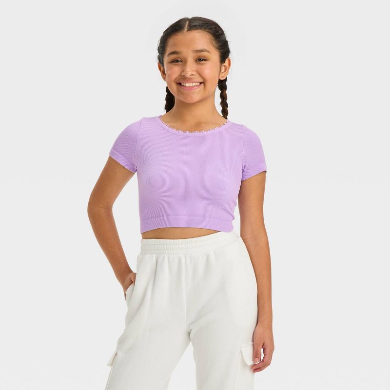 Girls' Short Sleeve Lace Trim Seamless T-Shirt - art class™, 1 of 5