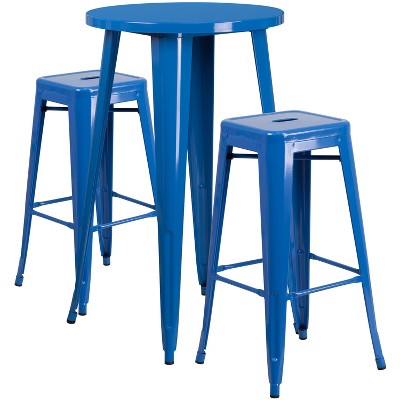 Emma and Oliver Commercial Grade 24" Round Metal Indoor-Outdoor Bar Table Set, 2 Backless Stools