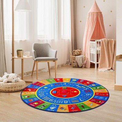 Kids Play Rug 4ft Round Area Rug ABC Carpet Ultra-Soft Non Slip Educational Rug Alphabet Numbers Shapes Circle Learning Playmat