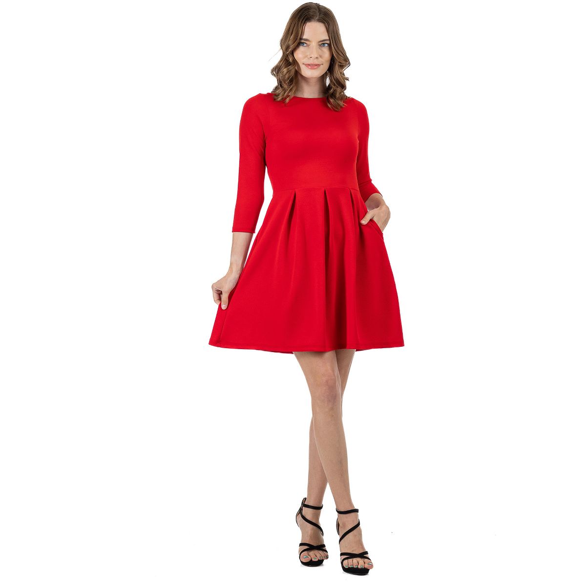 Womens Boat Neck Three Quarter Sleeve Pleated Fit N Flare Pocket Dress - 24seven Comfort Apparel™ - thumbnail 9