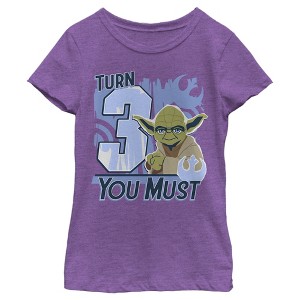 Girl's Star Wars Yoda Turn 3 You Must Rebel Logo Portrait T-Shirt - 1 of 3