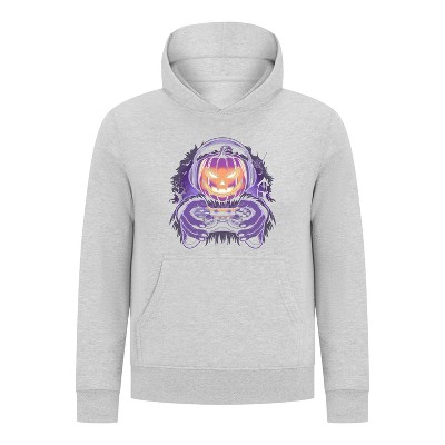 Everyday Kids Halloween Pullover Hoodie – Gamer Pumpkin with Headphones and Controller – Cozy Fall Sweatshirt for Boys, Heather Gray