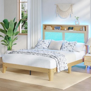 Rattan Bed Frame with LED Lights & Charging Station, Bohemian Rattan Bed Frame with 2 Tier Storage , Solid Wood Foundation with Silent Slats - 1 of 4