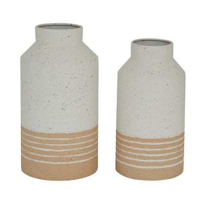 Set of 2 Round White Metal Textured Vase with Beige Striped Base - Olivia & May: Iron, Farmhouse Style, 11.9" Height