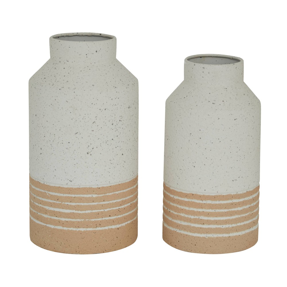 Photos - Vase Set of 2 Round White Metal Textured  with Beige Striped Base - Olivia