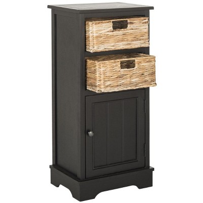 Distressed Black Pine Wood Accent Cabinet with Wicker Baskets