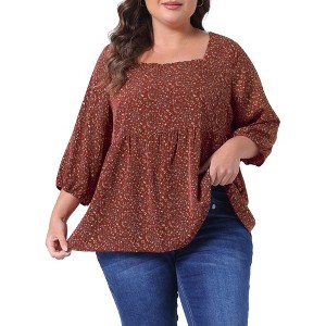 Women's Plus Size 3/4 Sleeve Square Neck Floral Peplum Babydoll Blouses - Agnes Orinda - 1 of 4