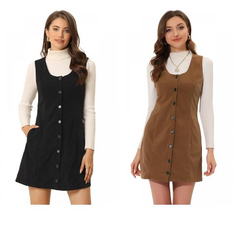 Женские платья INSPIRE CHIC Women's Corduroy Button Down Scoop Neck Pockets Casual Pinafore Overall Dress 2 Packs Brown/Black X-Small