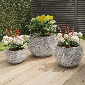 Fiber Clay Planters - 3-Piece Varying Height Textured Pot Set - Rounded Bottom and Drainage Holes for Herbs, Plants, or Flowers by Pure Garden (Gray)