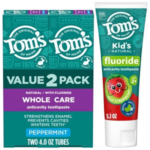 Tom's of Maine Kids' 2 Pack/4oz Whole Care Peppermint Toothpaste + 5.1oz Strawberry Anticavity Fluoride Toothpaste - 1 of 4