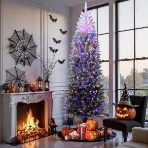 Pre-Lit Snow Flocked Pencil Christmas Tree, Gradient Lights, Foldable Metal Base, Lighted Holiday Decor - 1 of 4