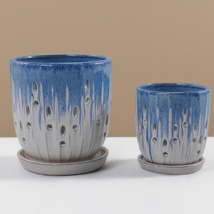 KTMBDW Ceramic Planter Set of 2 with Drainage Hole and Saucer for Plants, Hollow & Striped Design Ceramic Flowerpot for Patio, Garden - 1 of 4