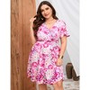 Women Plus Size V Neck Wrap Dress High Waist Short Sleeve Ruffle Casual Summer Midi Dress with Belt,pink rose,3XL - 3 of 4