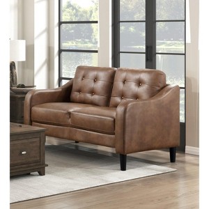 Okak Modern Sofa 1pc with Thick Button Tufted Cushion , Solid Wood Legs Loveseat Polished Microfiber Couch for Apartments, living Room, Brown - 1 of 4