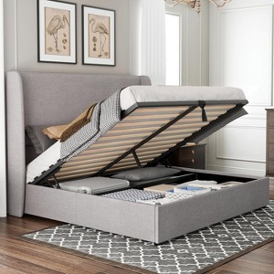 AMERLIFE Bed Frame with Lift Up Storage,Linen Upholstered Platform Bed,Wingback Headboard - 1 of 4