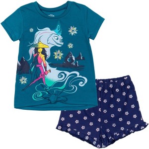 Disney Frozen Moana Princess Tiana Floral Peplum T-Shirt and French Terry Shorts Outfit Set Toddler to Big Kid - 1 of 4