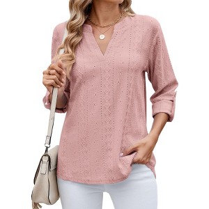 Clearlove Womens 3/4 Sleeve V Neck Casual Hollow Out Front Knit Embroidered Blouses Shirts Beach Cover Up Tshirts - 1 of 4