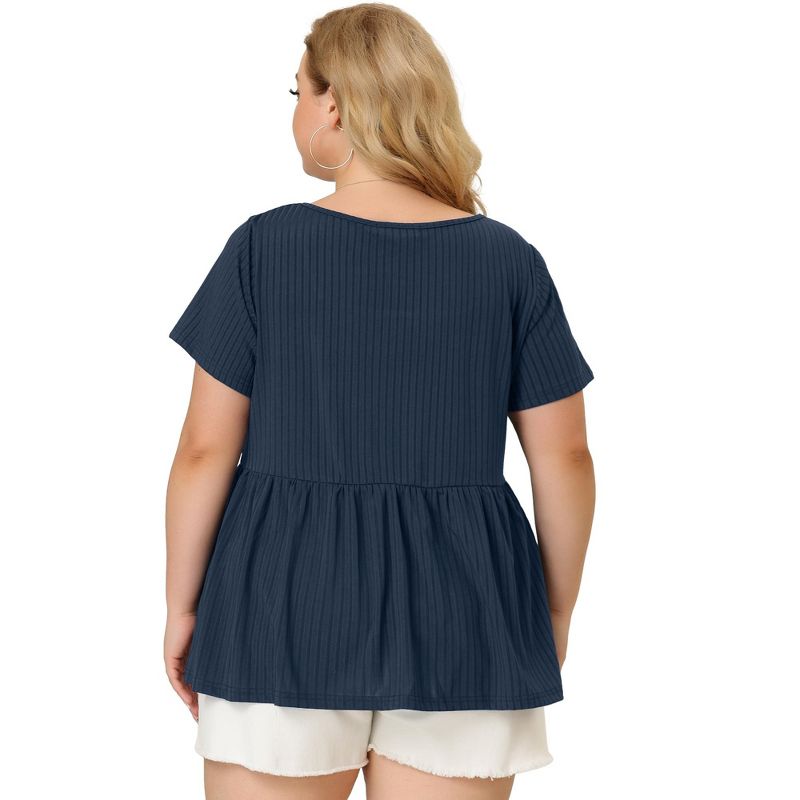 Agnes Orinda Women's Plus Size Ribbed Peplum Babydoll Short Sleeve Summer Blouses, 5 of 7