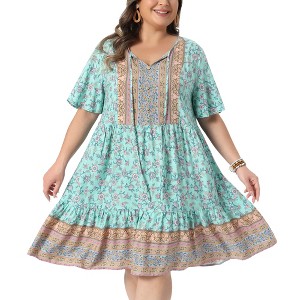 Women's Plus Size Boho Floral Tie Crew Neck Short Sleeve Flowy Beach Summer Midi A Line Sun Dresses - Agnes Orinda - 1 of 4