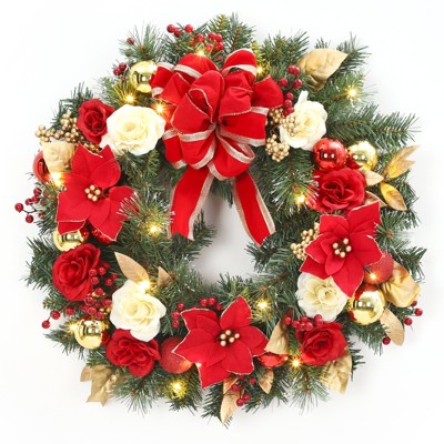 24" Christmas Wreath for Front Door, Red Flowers, Ribbon Bow, Gold Xmas Ball Ornaments, Xmas Artificial Garland for Fireplace Window Wall Decor