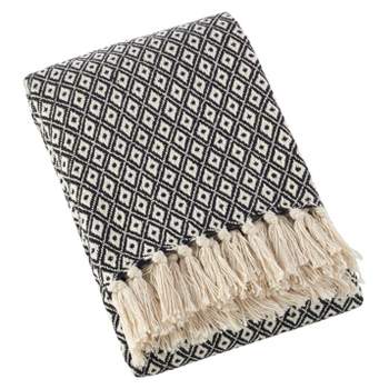 50"x60" Sevan Soft Cotton Diamond Weave Throw Blanket Black - Saro Lifestyle