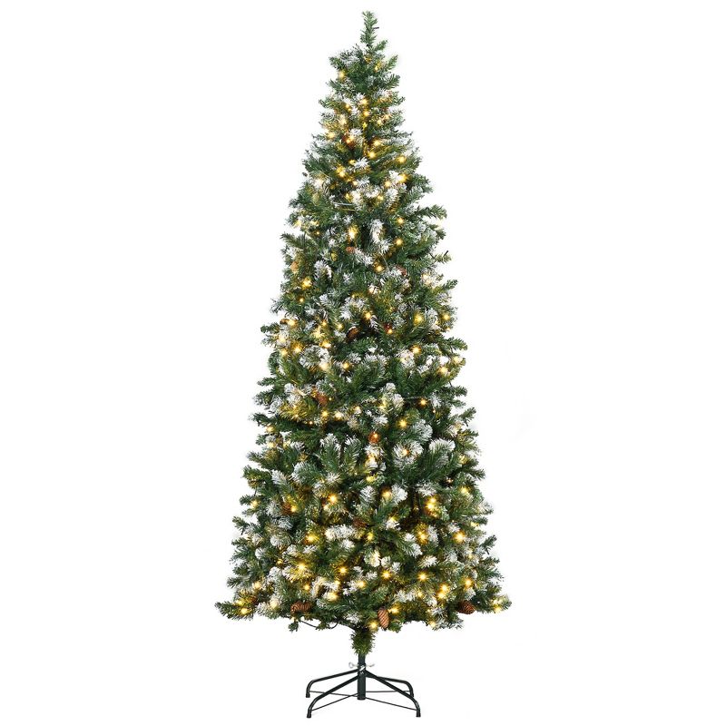 HOMCOM Skinny Prelit Artificial Christmas Tree Holiday Decoration with Snow-dipped Branches, Warm White LED Lights, Auto Open, Green, 1 of 7
