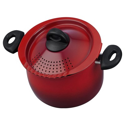 Bialetti 7550 2 In 1 Nonstick Aluminum 5 Quart Oval Shaped Kitchen Pasta Pot with Lockable Strainer Lid and Heat Resistant Handles, Red