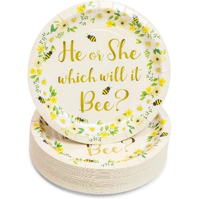 Sparkle and Bash 48-Pack Bumble Bee Party Supplies, He or She Disposable Paper Dinner Plates for Baby Shower, Gender Reveal Decorations 7"