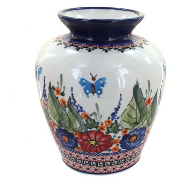 Blue Rose Polish Pottery Floral Butterfly Medium Vase