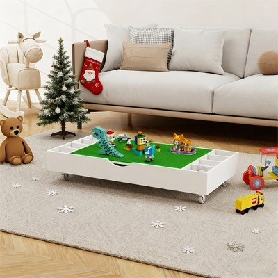 LOVSON The 2 in 1 Rollaway Play Table and Toy Organizer Compatible with Lego Suitable for Storing Under Bed or Sofa（Does not contain toys）White