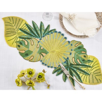 Green Beaded Tropical Leaves Glass Table Runner, 13"x36"