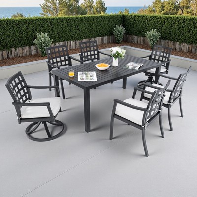 7-Piece Outdoor Patio Aluminum Dining Set with 67" Rectangular Table, 2 Swivel Rocker & 4 Armchairs, and Umbrella Hole