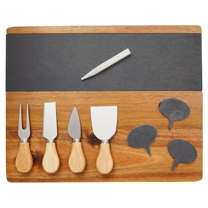 Juvale 9 Pieces Wooden Cheese Charcuterie Board with Slate Inlay, 4-Piece Knife Set, 3 Signs, 14 x 11 Inches, 1 of 8