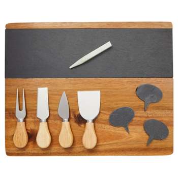 Juvale 9 Pieces Wooden Cheese Charcuterie Board with Slate Inlay, 4-Piece Knife Set, 3 Signs, 14 x 11 Inches