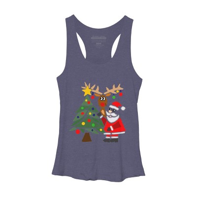 Women's Design By Humans Funny Cute Santa Claus and Christmas Reindeer by Tree By SmileToday Racerback Tank Top