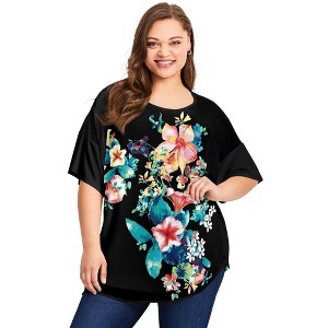 Avenue Women's Plus Size Mixed Media Floral Print Top - 1 of 4