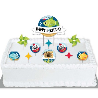 Big Dot of Happiness Let's Go Fishing - Fish Themed Birthday Party Cake Decorating Kit - Happy Birthday Cake Topper Set - 11 Pieces