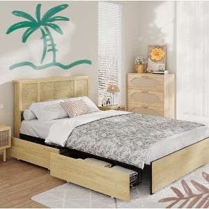 Jojoka Bed Frame with Natural Rattan Headboard, 4 Wooden Storage Drawers, Sturdy Metal Base with Durable Wooden Slats, No Box Spring Needed - 1 of 4