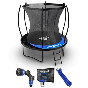 SpaceJump Lunar 8' Trampoline, Outdoor Ultimate Set with Slide, Hoop and Sprayer - 1 of 4