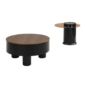 Gulches Black Round Nesting Coffee Table Set of 2 with Storage Drawer MDF Tempered Glass Top 27x27x14 Inch & 19x19x14 Inch - 1 of 4