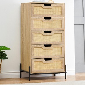 5 Drawer Dresser, Natural Rattan Chest of Drawer with Solid Metal Legs, Farmhouse Tall Dresser with Wood Top, Modern Storage Cabinet for Bedroom - 1 of 4