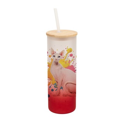 100 North 25 Ounce Frosted Glass Gradient Travel Tumbler With Straw & Wooden Lid, Sphynx Cat Paint Splatter Red
