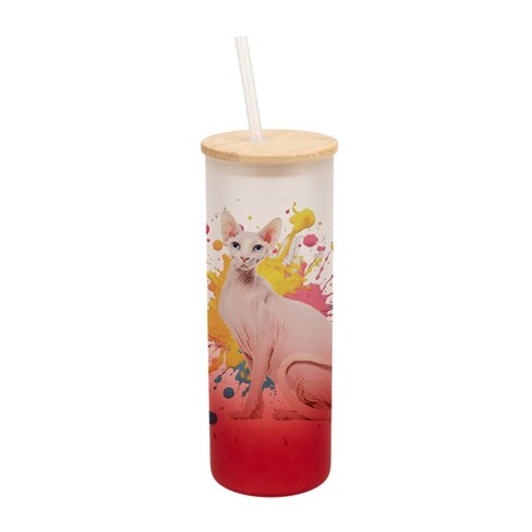 100 North 25 Ounce Frosted Glass Gradient Travel Tumbler With Straw & Wooden Lid, Sphynx Cat Paint Splatter Red - image 1 of 4