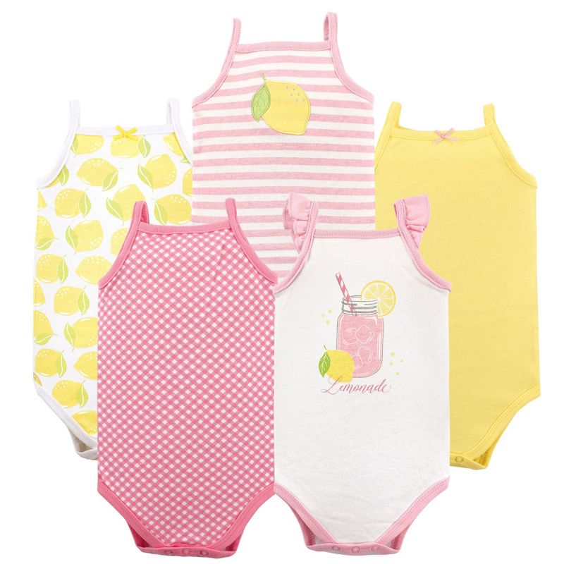 Hudson Baby Infant Girl Cotton Sleeveless Bodysuits 5pk, Lemonade, 1 of 3