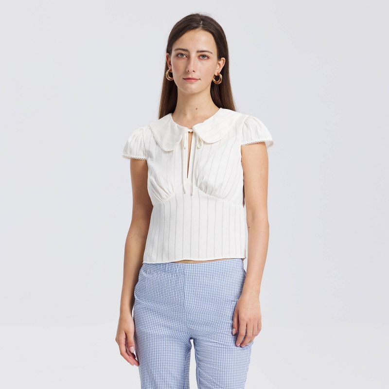 Women's Puff Cap Sleeve Collared Jacquard Top - A New Day™ Cream XS