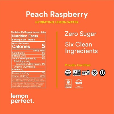 Lemon Perfect, Hydrating Organic Lemon Water, Peach Raspberry (12Oz Bottles) 12Pk Peach Raspberry 12 Fl Oz (Pack of 12)
