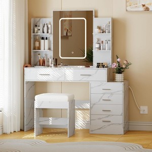 Vanity Desk with Light, Makeup Vanity Set with 6 Drawers and Shelves, Vanity with Stool & 3 Lighting Color Adjustable - 1 of 4